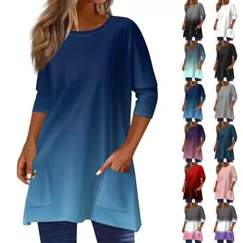Топы с рукавами 3/4 для женщин, футболка, повседневные топы с принтом, футболка, пуловер с круглым вырезом, блузка XXL синий