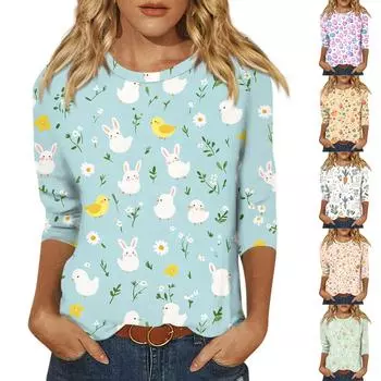 Топы с рукавами 3/4 для женщин, футболка, повседневные топы с принтом, футболка, пуловер с круглым вырезом, блузка L бежевый