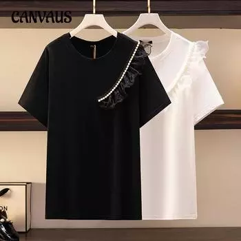 Топы с рюшами и бисером, летняя модная женская футболка больших размеров с короткими рукавами 2XL белый