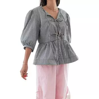 Топы с завязками спереди для женщин, топ в стиле беби-долл с баской, топы длиной 3/4 с пышными рукавами, милые топы на выход L чёрный