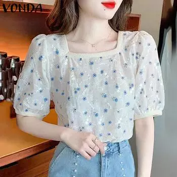 Топы VONDA с цветочным принтом и короткими пышными рукавами и квадратным вырезом