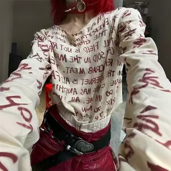 Топы в стиле гранж-эстетика с буквенным принтом, винтажная футболка с длинными рукавами в стиле панк, готическая футболка с потертостями Y2k Alt, уличная одежда в стиле эмо S бежевый
