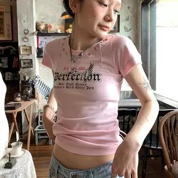 Топы Y2k Aesthetics Harajuku Kawaii, розовая футболка в стиле гранж, футболка с буквенным принтом, футболка 2000-х годов E-girl, футболка в стиле панк Chian, Fairycore S розовый