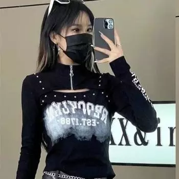 Топы Y2K для девочек, футболки с вырезами и молнией на шее, женские футболки с длинным рукавом, черные топы с принтом для вечеринок S