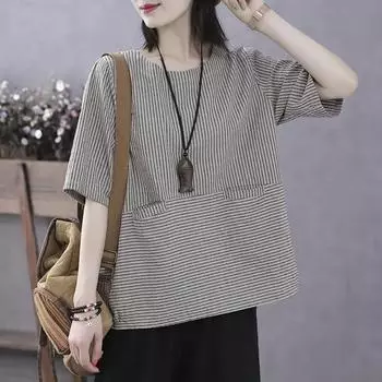 Топы женские хлопковые летние футболки больших размеров в полоску с круглым вырезом свободные напечатанные повседневные пуловеры футболки топ M серый