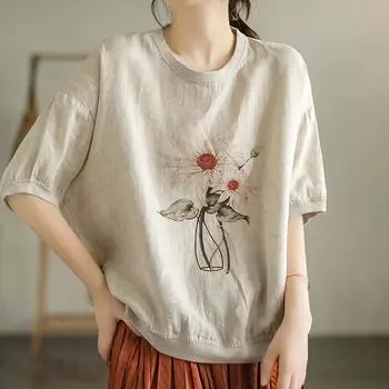 Топы женские хлопковые летние футболки больших размеров с воротником-поло свободные напечатанные повседневные пуловеры футболки топы M белый