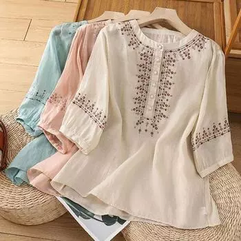 Топы женские хлопковые летние футболки больших размеров с воротником-поло свободные напечатанные повседневные пуловеры футболки топы M бежевый