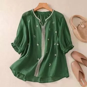 Топы женские хлопковые летние футболки больших размеров с V-образным вырезом свободные напечатанные повседневные пуловеры футболки топы M дубильная кора