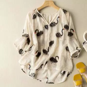 Топы женские хлопковые летние футболки больших размеров с V-образным вырезом свободные принтованные повседневные футболки топ L белый