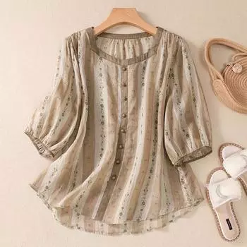 Топы женские хлопковые летние футболки больших размеров с воротником-поло свободные напечатанные повседневные свитера-рубашки M дубильная кора