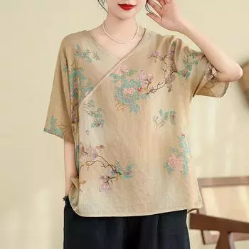 Топы женские хлопковые летние футболки больших размеров с воротником-поло свободные напечатанные повседневные пуловеры футболки топы L