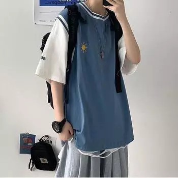 Топы, женские хлопковые летние футболки с круглым вырезом, свободные свободные топы с короткими рукавами и искусственным принтом, два свободных удобных топа S синий