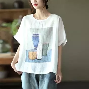 Топы женские хлопковые летние футболки с круглым вырезом свободные напечатанные повседневные пуловеры футболки топ M серый