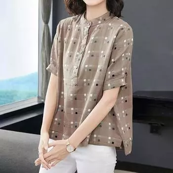 Топы женские хлопковые летние клетчатые футболки большого размера удобные свободные повседневные пуловеры с принтом футболка топ S зелёный