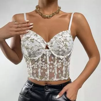 Топы женские кружевные сетчатые с открытой спиной короткие бюстье для девочек летние сексуальные повседневные белые, черные эластичные майки S чёрный