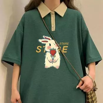 Топы женские летние свободные рубашки с кроликом универсальные повседневные удобные футболки с короткими рукавами женские S белый