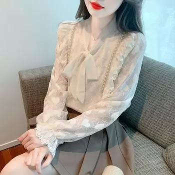 Топы женские осенние простые ретро полые рубашки женские легкие удобные пуловеры с длинным рукавом топы S