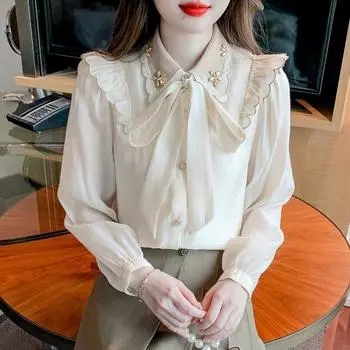 Топы женские осенние винтажные рубашки с цветочным принтом женские с длинным рукавом легкий удобный пуловер сверху S