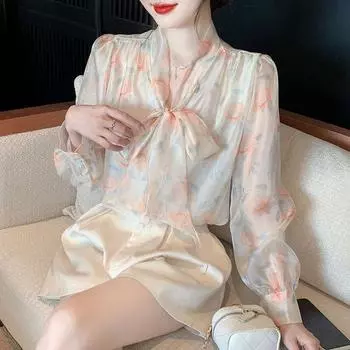 Топы женские осенние винтажные рубашки с цветочным принтом женские с длинным рукавом легкий удобный пуловер сверху S