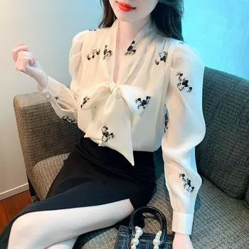 Топы женские осенние винтажные рубашки с цветочным принтом женские с длинным рукавом легкий удобный пуловер сверху S