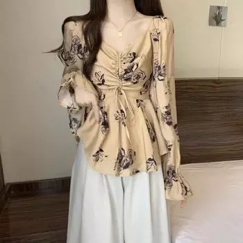 Топы женские осенние винтажные рубашки с цветочным принтом женские с длинным рукавом легкий удобный пуловер сверху S чёрный