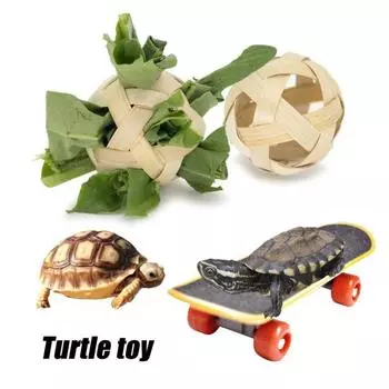 Tortoise Treat Ball And Training Skateboard Set Turtle Fruit Vegetable Feeding Ball And Mini Skateboard Toy Set for Small Animals Accessory 1 Set
