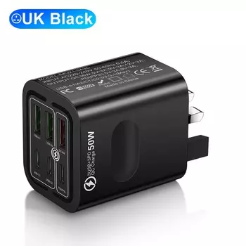Total 100W 6 Ports Fast Charging EU/US/UK Plug Wall Charger For iPhone Samsung Xiaomi USB Phone Charger Adapter UK Plug Black