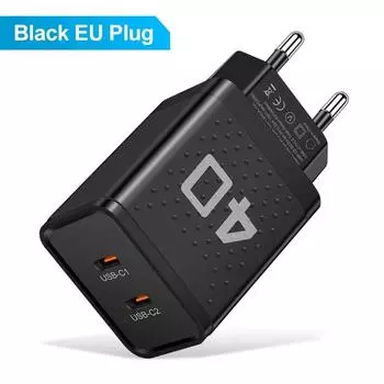 Total PD 40W 2 Ports USB C Chrager Fast Charger Type C For iPhone 14 15 Xiaomi Samsung Quick Charge QC 3.0 Adapter EU Plug Black