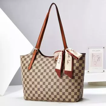 Tote bag checkerboard women s bag shoulder messenger bag texture versatile handbag 32*12*28cm темно-коричневого