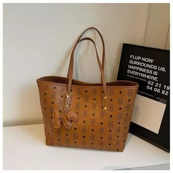 Tote Bag Rigid Three-Dimensional Large Capacity Multi-Compartment Zip-up Women College Students Class Commuting Shopping Fashion Portable Brown No pendant