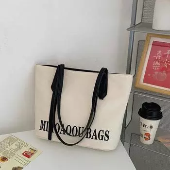 Tote bag versatile new canvas women s bag 2024 autumn and winter large-capacity shoulder bag contrasting color commuter bag чёрный