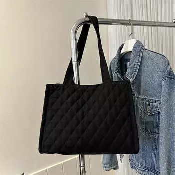 Сумка-тоут Женская сумка Вышивальная нить Маленькая квадратная сумка Универсальная сумка через плечо Мода Зарубежный стиль Клетчатая сумка чёрный