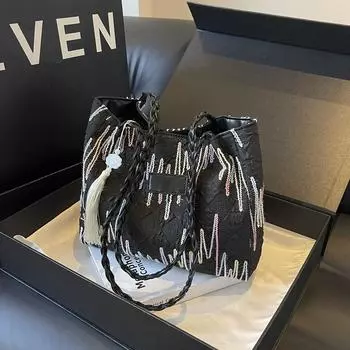 Tote large-capacity bag women s 2025 summer canvas bag contrasting stripes versatile shoulder underarm bag чёрный