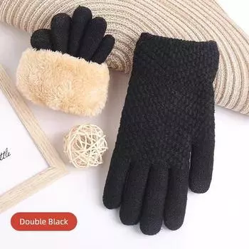 Touch Screen Cotton Gloves Men Winter Warm Fleece-Lined Thickened Wool Five Finger Female Winter Riding Cycling Black Cold-Proof [Double Fleece-lined] Black One size