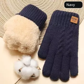 Touch Screen Cotton Gloves Men Winter Warm Fleece-Lined Thickened Wool Knitting Cycling Cycling Northeast Cold Proof Winter Female Knitting [double Fleece-lined] Navy blue One size