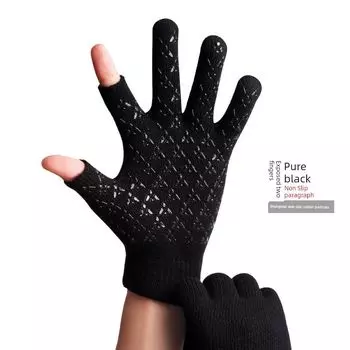 Touch Screen Gloves Men Winter Fleece-lined Wool Wind and Skid Heattech Couple Students Open Outdoor Cycling Female Gloves Pure Black Dew Two Finger One size
