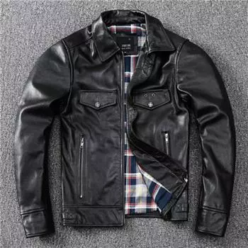 Tough Guy First Layer Cowhide Мягкая и детализированная кожаная куртка мужская тонкая кожаная куртка в стиле локомотива S чёрный