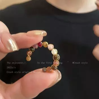 Tourmaline Retro Women Index Finger Ring Unique Beaded Natural Stone Natural stone tourmaline ring Opening adjustable