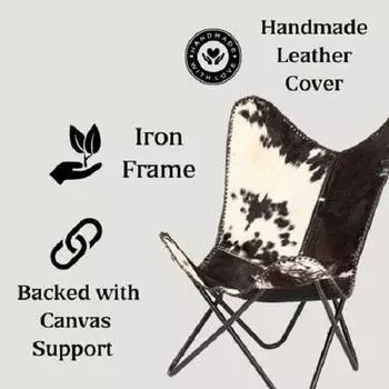 (Товар : Полный стул черная ножка) Кресло-бабочка ручной работы из кожи с оригинальной обивкой из индийской коровьей шкуры, кожаное покрытие, кресло для отдыха