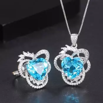 Товар Розовый слегка инкрустированный цирконовый кулон сине-зеленый розовый циркон ожерелье кольцо комплект из двух предметов женский