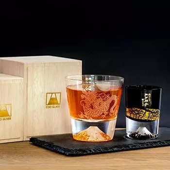 Товар Стекло Tajima Стекло Fuji Стекло Ryujin Rocks Стекло x Золотая фольга Fuji Холодная чашка для сакэ Черный набор из 2 Сувенир Гран-при Стекло Edo Kiriko Fuji