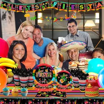 Товары для мексиканской тематики Fiesta Party, 161 шт. бумажные столовые приборы для мексиканской вечеринки - тарелки, чашки, салфетки, скатерти, баннеры и т. д. Украшения для Fiesta Tableware as the picture чёрный