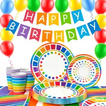 Товары для радужной вечеринки, украшения для радужной вечеринки и набор столовых приборов - радужная вечеринка, тарелки, салфетки, чашки и воздушные шары, баннеры и т. д. Товары для тематической вечеринки as the picture разноцветный