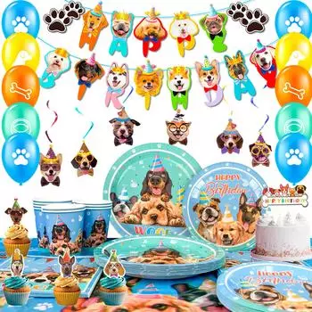 Товары для вечеринки по случаю дня рождения щенка для детей, товары для вечеринки по случаю дня рождения в собачьем стиле и столовая посуда, тарелки для вечеринки с собаками, украшения для торта и т. д. Товары для вечеринки в собачьем стиле as the picture
