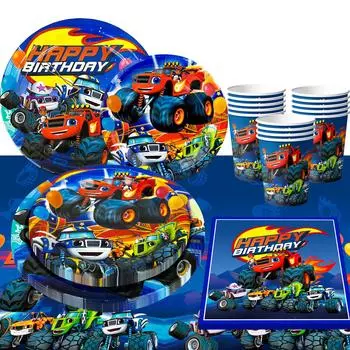 Товары для вечеринки по случаю дня рождения Monster Truck, столовые приборы Monster Truck, скатерть для дня рождения Monster Truck, товары для вечеринки Monster Truck для детей as the picture синий