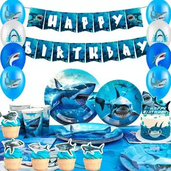 Товары для вечеринки в стиле акулы, украшения для дня рождения акулы и столовые приборы для вечеринки в стиле акулы - тарелки и салфетки, скатерти и т. д. Украшения для вечеринки в стиле акулы as the picture синий