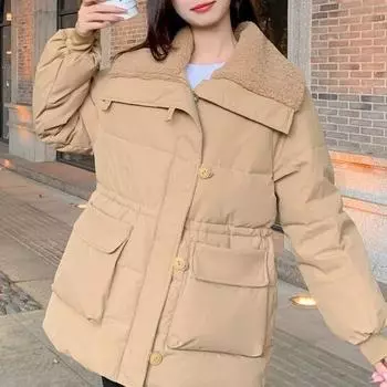 Towel collar large lapel neck down cotton-padded clothes for women s winter new medium and long cotton-padded clothes thickened cotton-padded jacket S белый