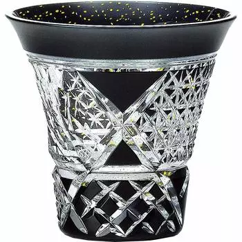 Toyo Sasaki Glass Yachiyo Kiriko Black Cup fence Sake/Guinomi (Bamboo pattern)