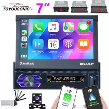 TOYOUSONIC 7-дюймовый автомобильный радиоприемник с выдвижным экраном, универсальный мультимедийный видеоплеер CarPlay Android Auto USB BT 1 Din MP5 Stereo