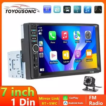 TOYOUSONIC 7-дюймовый автомобильный радиоприемник, универсальный мультимедийный проигрыватель Carplay, Android Auto Audio, Bluetooth, USB, TF, FM, 1 Din, MP5, головное устройство